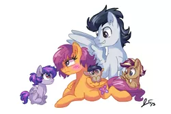 Size: 1800x1200 | Tagged: safe, artist:dreamscapevalley, derpibooru import, rumble, scootaloo, oc, oc:ace, oc:olympic, oc:rocky, alternate hairstyle, blushing, family, female, male, offspring, older, parent:rumble, parent:scootaloo, parents:rumbloo, pregnant, rumbloo, shipping, straight