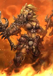 Size: 840x1200 | Tagged: anthro, applejack, armor, artist:atryl, axe, badass, barbarian, belly button, cleavage, crossover, derpibooru import, diablo, diablo 3, epic, female, fire, metal as fuck, midriff, open mouth, safe, solo, sword, unconvincing armor, unguligrade anthro, weapon