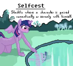 Size: 696x632 | Tagged: anthro, artist:sehad, big book of fetishes, cave, cave pool, derpibooru import, mirror pool, pixel art, selfcest, self ponidox, shipping, solo, suggestive, twilight sparkle, twilight sparkle (alicorn)