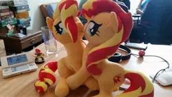 Size: 3264x1836 | Tagged: safe, artist:onlyfactory, derpibooru import, sunset shimmer, human, pony, 3ds, amiibo, board game, bootleg, dice, female, hug, imminent kissing, irl, irl human, lesbian, mario, new 3ds, nintendo ds, photo, plushie, self ponidox, selfcest, shipping, super mario bros.