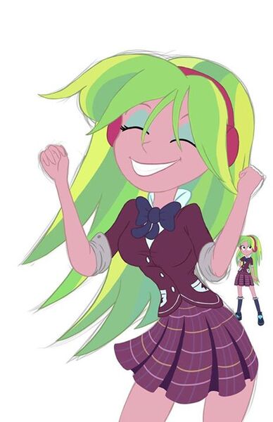 Size: 465x720 | Tagged: safe, artist:faroth, derpibooru import, lemon zest, equestria girls, friendship games, clothes, color, crystal prep academy, cute, dancing, happy, headphones, skirt, solo, uniform, zestabetes