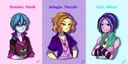 Size: 2480x1247 | Tagged: safe, artist:hisshi shoujo, derpibooru import, adagio dazzle, aria blaze, sonata dusk, equestria girls, allegro amoroso, equestria guys, male, ouvertis grandioso, pixiv, rule 63, scherzo lesto, smiling, smirk, the dazzlings