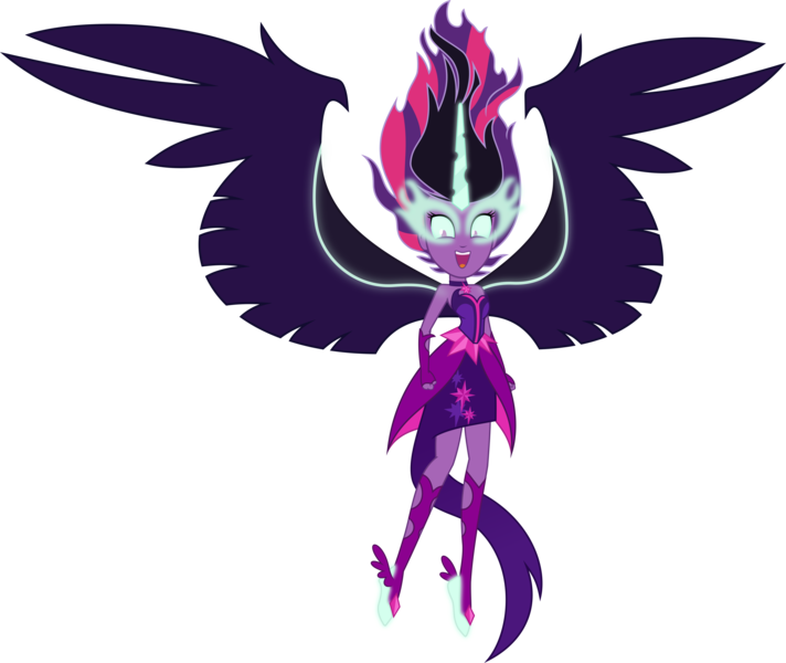 Size: 6000x5054 | Tagged: safe, artist:magister39, derpibooru import, sci-twi, twilight sparkle, equestria girls, friendship games, absurd resolution, bare shoulders, clothes, dress, fist, horn, inkscape, midnight sparkle, necklace, open mouth, simple background, sleeveless, solo, strapless, transparent background, vector, wings