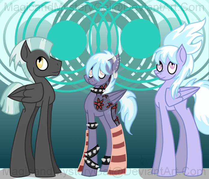 Size: 1000x860 | Tagged: safe, artist:magicandmysterygal, derpibooru import, cloudchaser, thunderlane, oc, oc:icy dusk, pegasus, pony, bracelet, choker, clothes, ear piercing, family, female, male, mare, nose piercing, offspring, parent:cloudchaser, parent:thunderlane, parents:thunderchaser, piercing, shipping, smiling, socks, spiked choker, spiked wristband, stallion, straight, tattoo, thunderchaser, watermark