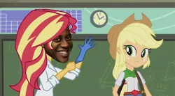 Size: 720x398 | Tagged: suggestive, derpibooru import, edit, screencap, applejack, sunset shimmer, equestria girls, friendship games, the science of magic, ainsley harriott, appleshimmer, bend over, exploitable meme, face swap, female, image macro, imminent prostate exam, implied anal fingering, lesbian, meme, out of context, rubber gloves, shipping, sunset the science gal