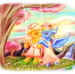 Size: 1280x1276 | Tagged: safe, artist:death-is-death, derpibooru import, applejack, rainbow dash, appledash, appledash every day, female, kissing, lesbian, shipping