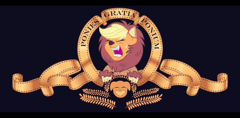 Size: 6095x3000 | Tagged: safe, artist:discorded, derpibooru import, applejack, scare master, absurd resolution, applelion, closing logo, clothes, costume, metro-goldwyn-mayer, mgm, missing freckles, nightmare night, nightmare night costume, parody, roar, solo