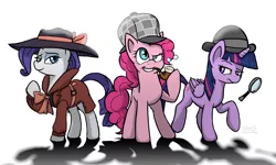 Size: 7998x4798 | Tagged: safe, artist:corsairsedge, derpibooru import, pinkie pie, rarity, twilight sparkle, twilight sparkle (alicorn), alicorn, earth pony, pony, unicorn, mmmystery on the friendship express, rarity investigates, absurd resolution, bubble pipe, deerstalker, detective, female, hat, magnifying glass, mare, pipe