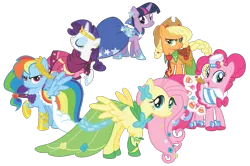 Size: 918x609 | Tagged: safe, artist:midnight--blitz, derpibooru import, applejack, fluttershy, pinkie pie, rainbow dash, rarity, twilight sparkle, earth pony, pegasus, pony, unicorn, the best night ever, .ai available, .svg available, clothes, dress, gala dress, glass slipper (footwear), high heels, mane six, shoes, simple background, svg, transparent background, vector