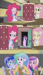 Size: 547x939 | Tagged: safe, derpibooru import, edit, edited screencap, screencap, fluttershy, pinkie pie, princess cadance, princess celestia, princess luna, starlight glimmer, equestria girls, friendship games, the cutie map, cake, crossing the memes, dean cadance, inside the cake meme, meme, principal celestia, that door, this will end in tears, this will not end well, vice principal luna, welcome