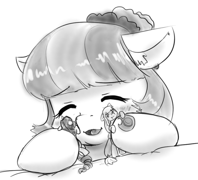 Size: 794x721 | Tagged: applejack, appletini, artist:alloyrabbit, blushing, cocobetes, coco pommel, cute, derpibooru import, ear fluff, eyes closed, floppy ears, hape, happy, hug, made in manehattan, micro, monochrome, non-consensual cuddling, nuzzling, open mouth, rarity, rubbing, safe, scrunchy face, size difference, smiling, :t