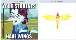 Size: 514x272 | Tagged: safe, derpibooru import, principal abacus cinch, sunset shimmer, derpibooru, equestria girls, friendship games, daydream shimmer, exploitable meme, juxtaposition, juxtaposition win, meme, meta, wings