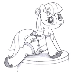 Size: 2100x2000 | Tagged: adorasexy, artist:an-tonio, clothes, cocobetes, coco pommel, cute, derpibooru import, female, lingerie, made in manehattan, monochrome, panties, ribbon, sexy, solo, solo female, stockings, striped underwear, suggestive, tail bow, traditional art, underwear