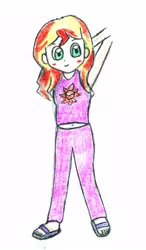 Size: 382x656 | Tagged: safe, artist:foxy1219, derpibooru import, sunset shimmer, equestria girls, belly button, blushing, feet, image, jpeg, midriff, sandals, solo, traditional art