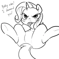 Size: 863x866 | Tagged: safe, artist:glacierclear, derpibooru import, trixie, pony, unicorn, bellyrubs, blushing, chest fluff, featureless crotch, female, glare, looking at you, mare, monochrome, open mouth, solo, tsundere, tsunderixie, underhoof
