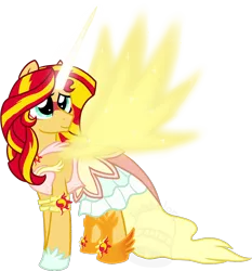 Size: 990x1062 | Tagged: safe, artist:tambelon, derpibooru import, sunset shimmer, ponified, equestria girls, friendship games, artificial wings, augmented, clothes, daydream shimmer, dress, equestria girls ponified, glowing horn, magic, magic wings, smiling, solo, spread wings, watermark, wings