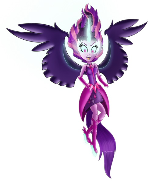Size: 1400x1600 | Tagged: safe, artist:mlp-firefox5013, derpibooru import, sci-twi, twilight sparkle, equestria girls, friendship games, clothes, dress, fingerless gloves, gloves, horn, midnight sparkle, open mouth, simple background, solo, spotlight, transparent background, wings