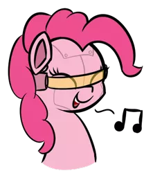 Size: 380x429 | Tagged: artist:lux, cute, cyborg, derpibooru import, diapinkes, emote, eyes closed, happy, music notes, open mouth, pinkie pie, ponkbot, robot, safe, simple background, singing, smiling, solo, transparent background, visor