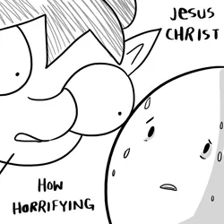 Size: 660x660 | Tagged: safe, artist:tjpones, derpibooru import, edit, oc, oc:hose wife, oc:richard, unofficial characters only, human, frown, jesus christ how horrifying, meme, monochrome, nervous, open mouth, quality, reaction image, stare, stylistic suck, sweat, wide eyes, worried