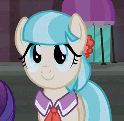 Size: 436x426 | Tagged: safe, derpibooru import, screencap, coco pommel, rarity, earth pony, pony, unicorn, made in manehattan, animated, cocobetes, cute, daaaaaaaaaaaw, eye shimmer, hnnng, moe, open mouth, smiling, solo, squee, weapons-grade cute