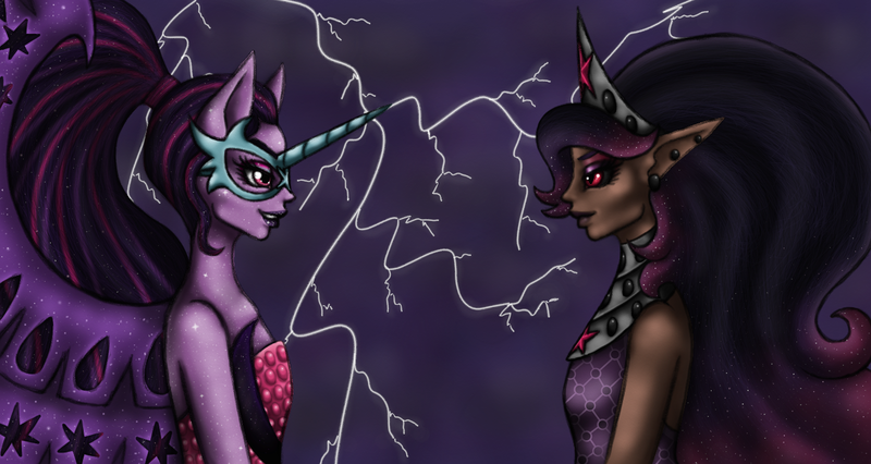 Size: 1366x728 | Tagged: safe, artist:smilingm00n, derpibooru import, sci-twi, twilight sparkle, human, equestria girls, friendship games, black sclera, elf ears, eye contact, grin, humanized, humanoid, lightning, mask, midnight sparkle, pony ears, purple background, self paradox, self ponidox, simple background, smirk, tyrant sparkle, unicorns as elves