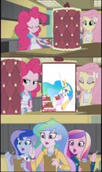 Size: 605x1024 | Tagged: safe, derpibooru import, edit, edited screencap, screencap, fluttershy, pinkie pie, princess cadance, princess celestia, princess luna, pony, equestria girls, friendship games, cake, cakelestia, dean cadance, exploitable meme, human ponidox, inside the cake meme, meme, principal celestia, self ponidox, vice principal luna