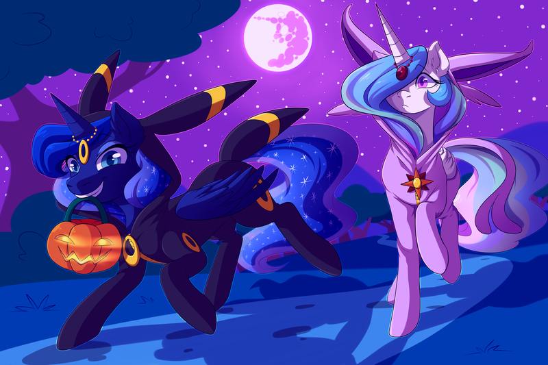 Size: 7086x4724 | Tagged: safe, artist:g-blue16, derpibooru import, princess celestia, princess luna, alicorn, espeon, pony, umbreon, clothes, costume, cute, duo, female, frown, grin, hair over one eye, hoodie, horn jewelry, horn ring, image, jack-o-lantern, jewelry, kigurumi, looking at you, mare, mare in the moon, moon, mouth hold, night, nightmare night, png, pokémon, pumpkin bucket, raised hoof, raised leg, royal sisters, running, smirk, zipper