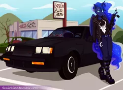 Size: 1280x937 | Tagged: anthro, artist:g-blue16, buick, buick gnx, car, clothes, derpibooru import, earring, fingerless gloves, gloves, leather jacket, piercing, princess luna, safe, solo