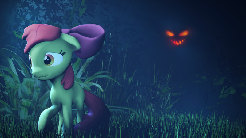 Size: 3000x1687 | Tagged: 3d, apple bloom, artist:flutterdaz, bloom and gloom, dark, derpibooru import, evil face, glow, grass, plants, safe, scared, shadow bloom, source filmmaker