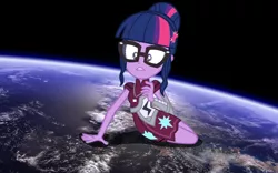 Size: 1024x640 | Tagged: safe, artist:ivacatherianoid, derpibooru import, sci-twi, twilight sparkle, equestria girls, friendship games, clothes, earth, giantess, glasses, goddess, macro, solo