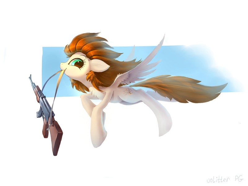 Size: 2828x2121 | Tagged: safe, artist:ramiras, derpibooru import, oc, oc:goldenrain, unofficial characters only, pegasus, pony, ak-47, flying, gun, rifle, smiling, solo, weapon