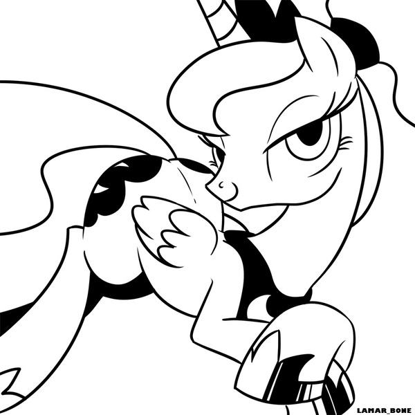 Size: 800x800 | Tagged: safe, artist:lamar_bone, derpibooru import, princess luna, alicorn, pony, alternate hairstyle, bedroom eyes, black and white, crossed hooves, female, grayscale, jewelry, lineart, mare, monochrome, ponytail, prone, regalia, simple background, smiling, solo, white background