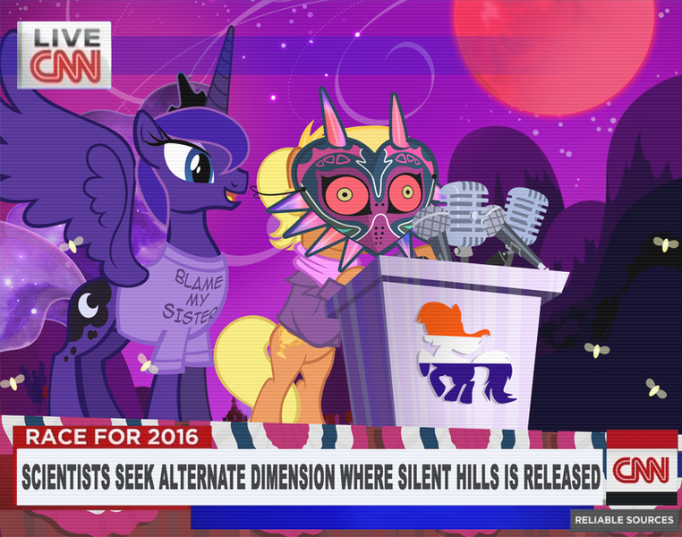 Size: 800x630 | Tagged: artist:pixelkitties, blame my sister, blood moon, cable news network, clothes, cnn, derpibooru import, konami, magic shirt, mask, moon, ms. harshwhinny, ms. harshwhinny's election campaign, politics, possessed, princess luna, safe, shirt, silent hill, the legend of zelda, the legend of zelda: majora's mask, votehorse