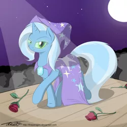 Size: 1300x1300 | Tagged: safe, artist:theparagon, derpibooru import, trixie, changeling, pony, unicorn, bedroom eyes, crowd, disguise, female, glowing eyes, looking at you, mare, raised hoof, rose, smiling, solo, stage