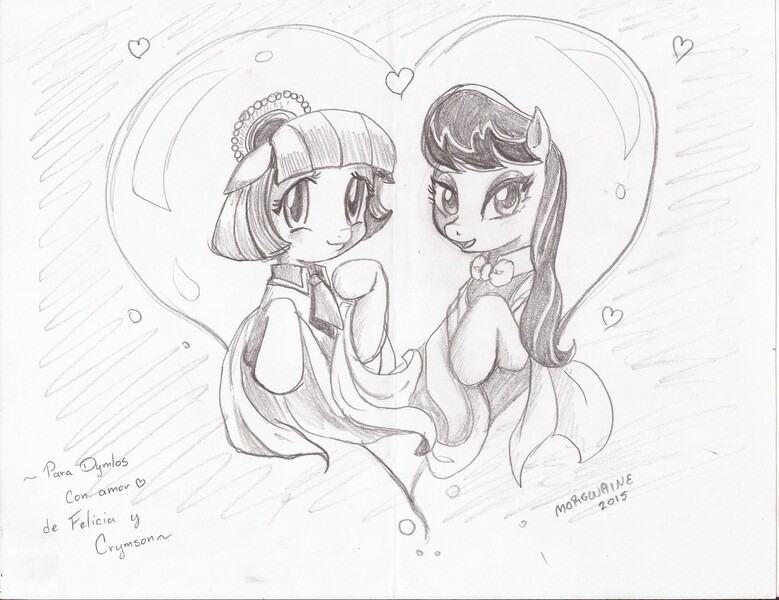 Size: 2207x1700 | Tagged: artist:morgwaine, coco pommel, coctavia, crack shipping, derpibooru import, female, heart, lesbian, monochrome, octavia melody, safe, shipping, sketch, spanish, traditional art