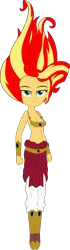 Size: 684x2432 | Tagged: suggestive, derpibooru import, sunset shimmer, equestria girls, friendship games, .svg available, belly button, boots, breasts, broly, cleavage, clothes, cosplay, costume, daydream shimmer, dragon ball z, female, hand, pants, pendant, poker face, simple background, solo, super saiyan, svg, topless, transparent background, underboob, vector