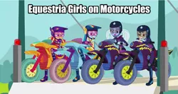 Size: 547x291 | Tagged: safe, derpibooru import, screencap, indigo zap, rainbow dash, sugarcoat, sunset shimmer, equestria girls, friendship games, card games on motorcycles, image macro, meme, motorcycle, yugioh abridged