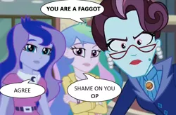 Size: 900x589 | Tagged: safe, derpibooru import, screencap, princess celestia, princess luna, principal abacus cinch, equestria girls, friendship games, image macro, looking at you, meme, op is a faggot, principal celestia, text, vice principal luna, vulgar