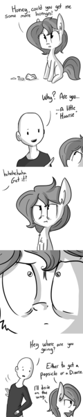 Size: 726x3630 | Tagged: safe, artist:tjpones, derpibooru import, oc, oc:brownie bun, oc:richard, unofficial characters only, earth pony, human, pony, horse wife, angry, bad pun, bags under eyes, brownie bun without her pearls, cheek fluff, chest fluff, comic, ear fluff, female, grayscale, grumpy, human male, male, mare, monochrome, pun, sick, simple background, sitting, this will end in divorce, threat, tissue, tumblr, white background, wide eyes