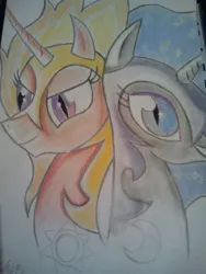 Size: 774x1032 | Tagged: artist:thetarkaana, derpibooru import, duo, nightmare moon, nightmare star, princess celestia, princess luna, safe, traditional art