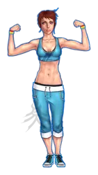 Size: 639x1131 | Tagged: abs, armpits, artist:n0vaxis, belly button, clothes, converse, dead source, derpibooru import, human, humanized, midriff, natural hair color, pants, rainbow dash, safe, shoes, solo, sports bra, sweat, sweatpants, watermark