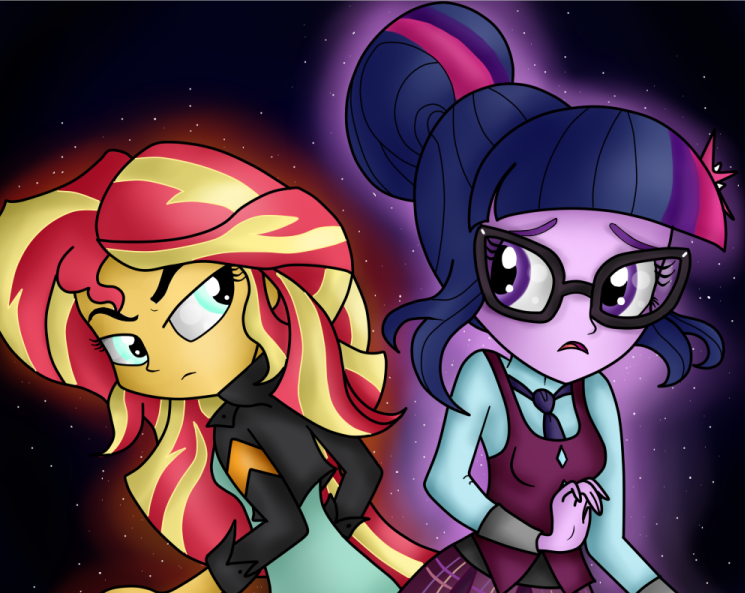 Size: 745x593 | Tagged: safe, artist:rainbowdashart101, derpibooru import, sci-twi, sunset shimmer, twilight sparkle, equestria girls, friendship games, clothes, crystal prep academy, crystal prep academy uniform, crystal prep shadowbolts, duo, glasses, leather jacket, looking at each other, looking back, open mouth, raised eyebrow, scene interpretation, school uniform