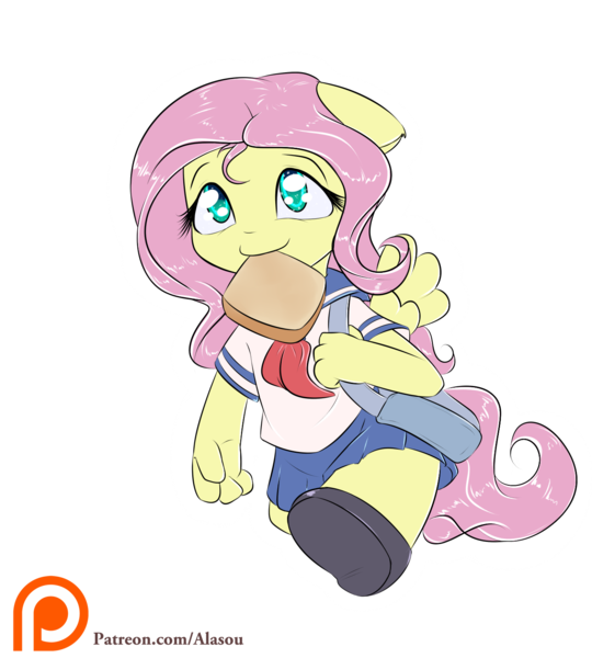 Size: 1350x1500 | Tagged: ambiguous facial structure, anthro, artist:alasou, bag, breasts, chibi, clothes, cute, delicious flat chest, derpibooru import, flattershy, fluttershy, mouth hold, patreon, patreon logo, plantigrade anthro, running, safe, sailor uniform, schoolgirl toast, school uniform, shoes, shyabetes, simple background, skirt, solo, toast, transparent background