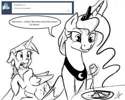 Size: 1280x1029 | Tagged: safe, artist:silfoe, derpibooru import, princess luna, twilight sparkle, twilight sparkle (alicorn), alicorn, pony, royal sketchbook, :t, eating, female, floppy ears, frown, grayscale, horrified, magic, mare, monochrome, open mouth, quesadilla, raised hoof, scared, sitting, smiling, telekinesis, they're just so cheesy, tumblr, wide eyes
