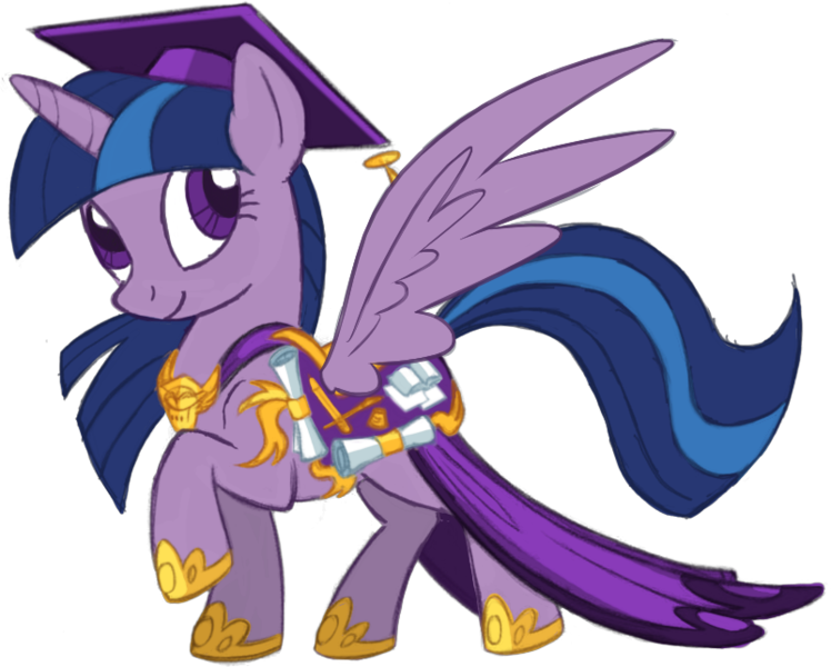 Size: 802x643 | Tagged: safe, artist:lauren faust, color edit, derpibooru import, edit, twilight sparkle, twilight sparkle (alicorn), twilight twinkle, alicorn, pony, leak, alternate hair color, clothes, colored, concept art, diploma, female, fixed, graduation, graduation cap, hat, hoof shoes, mare, saddle, scholar, simple background, solo, spread wings, transparent background, vector, wings