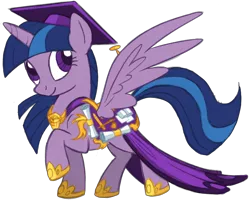 Size: 802x643 | Tagged: safe, artist:lauren faust, color edit, derpibooru import, edit, twilight sparkle, twilight sparkle (alicorn), twilight twinkle, alicorn, pony, leak, alternate hair color, clothes, colored, concept art, diploma, female, fixed, graduation, graduation cap, hat, hoof shoes, mare, saddle, scholar, simple background, solo, spread wings, transparent background, vector, wings