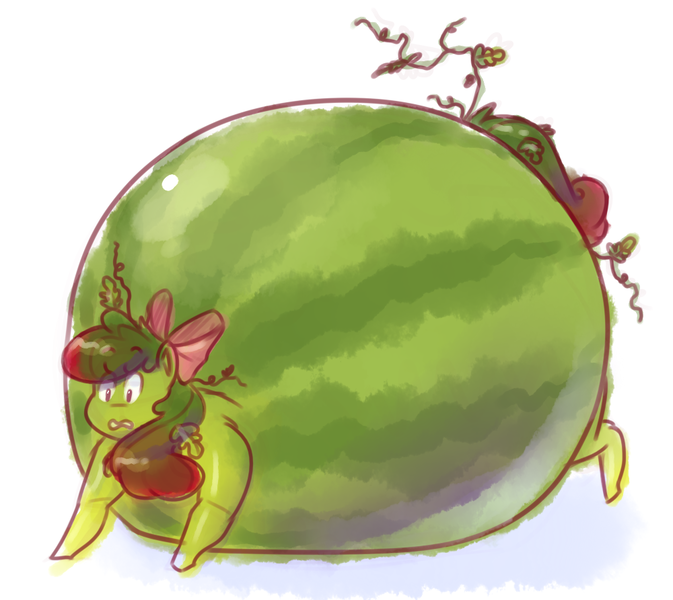 Size: 1000x892 | Tagged: apple bloom, artist:secretgoombaman12345, derpibooru import, food transformation, fruit, inflation, melon bloom, plant tf, safe, solo, transformation, watermelon, watermelon inflation