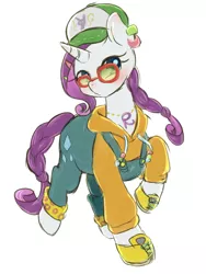 Size: 900x1200 | Tagged: artist:ayahana, clothes, derpibooru import, fashion, glasses, hat, hoodie, overalls, rarity, safe, shoes, solo