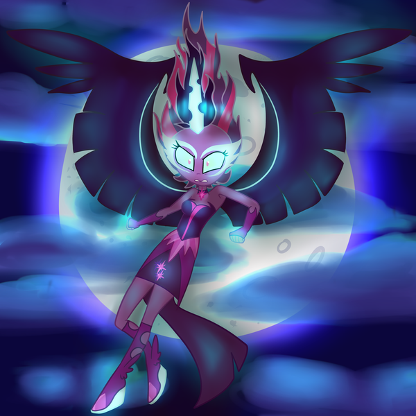 Size: 4000x4000 | Tagged: safe, artist:fallenfateadopts, derpibooru import, sci-twi, twilight sparkle, equestria girls, friendship games, absurd resolution, clothes, cloud, dark magic, dress, fingerless gloves, floating, full moon, gloves, horn, magic, midnight sparkle, moon, night sky, solo, wings