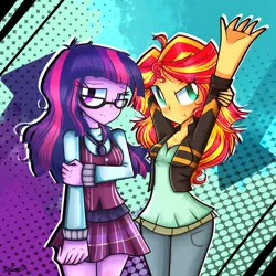 Size: 1000x1000 | Tagged: safe, artist:twilytrinky, derpibooru import, sci-twi, sunset shimmer, twilight sparkle, equestria girls, friendship games, clothes, crystal prep academy, crystal prep academy uniform, crystal prep shadowbolts, duo, glasses, leather jacket, school uniform, skirt